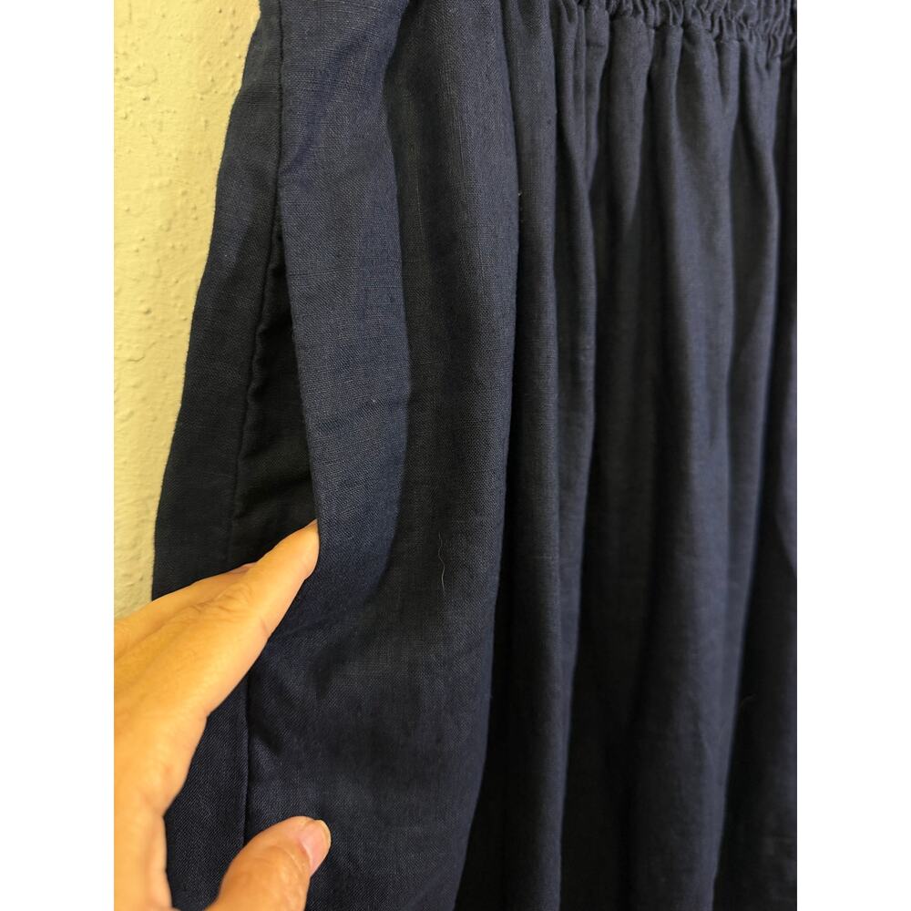 ANTHROPOLOGIE BODEN Dress 8 Linen VNeck Puff Sleeve Elastic Waist Pockets Navy - Picture 9 of 13